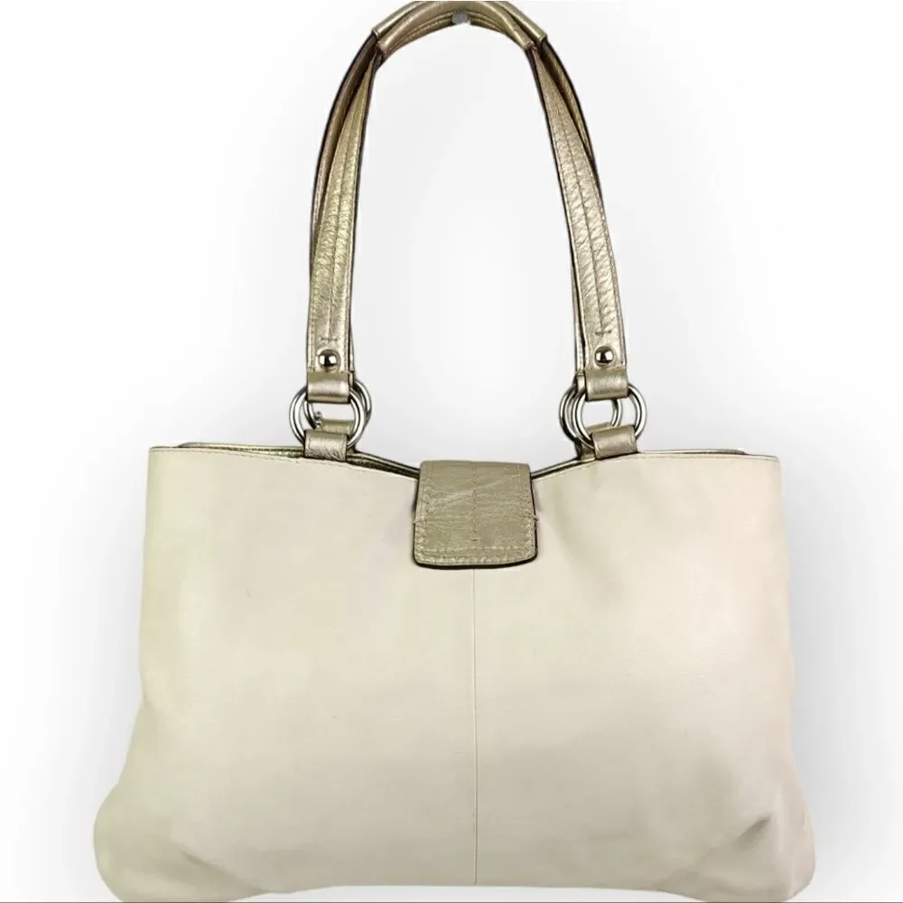 VTG COACH PEARL OFF WHITE GOLD GENUINE LEATHER SHOULDER BAG HANDBAG PURSE TOTE